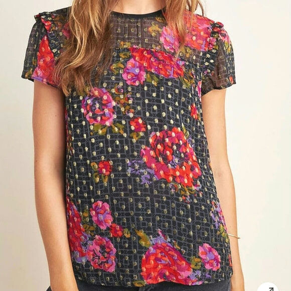 Anthropologie Fiorella Floral Blouse Gold Metallic Beaded Black Pink Red 4 - Picture 1 of 16